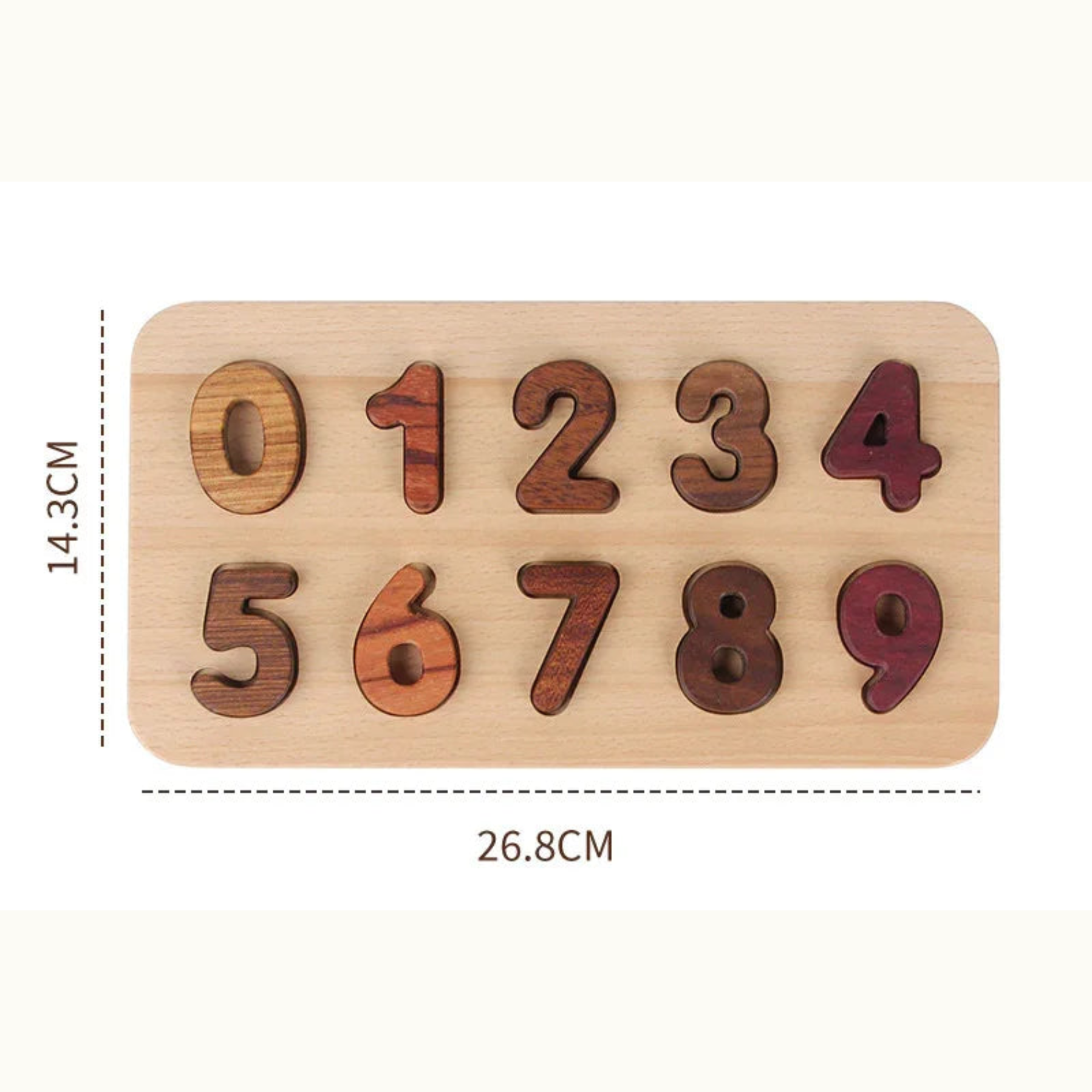 Oak & Sprout number puzzle board 0–9 assembled, showing Walnut, Purpleheart, Mahogany and Tigerwood numeral pieces, 26.8×14.3