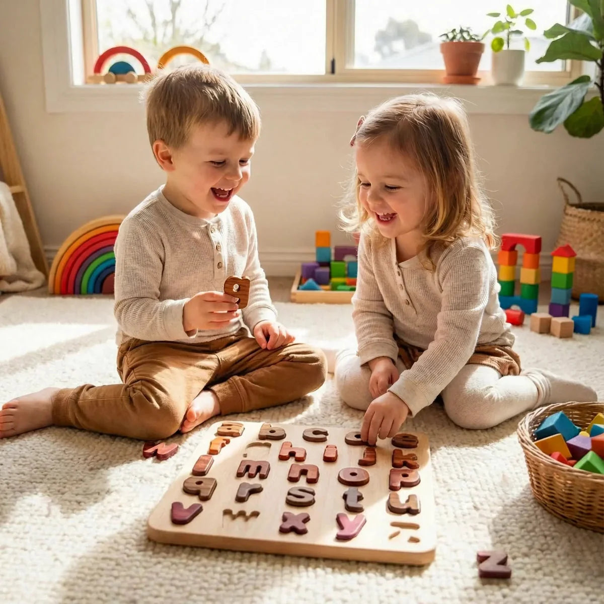 Two toddlers laughing on a cream rug with Oak & Sprout lowercase alphabet puzzle, Purpleheart, Walnut and Tigerwood pieces sc