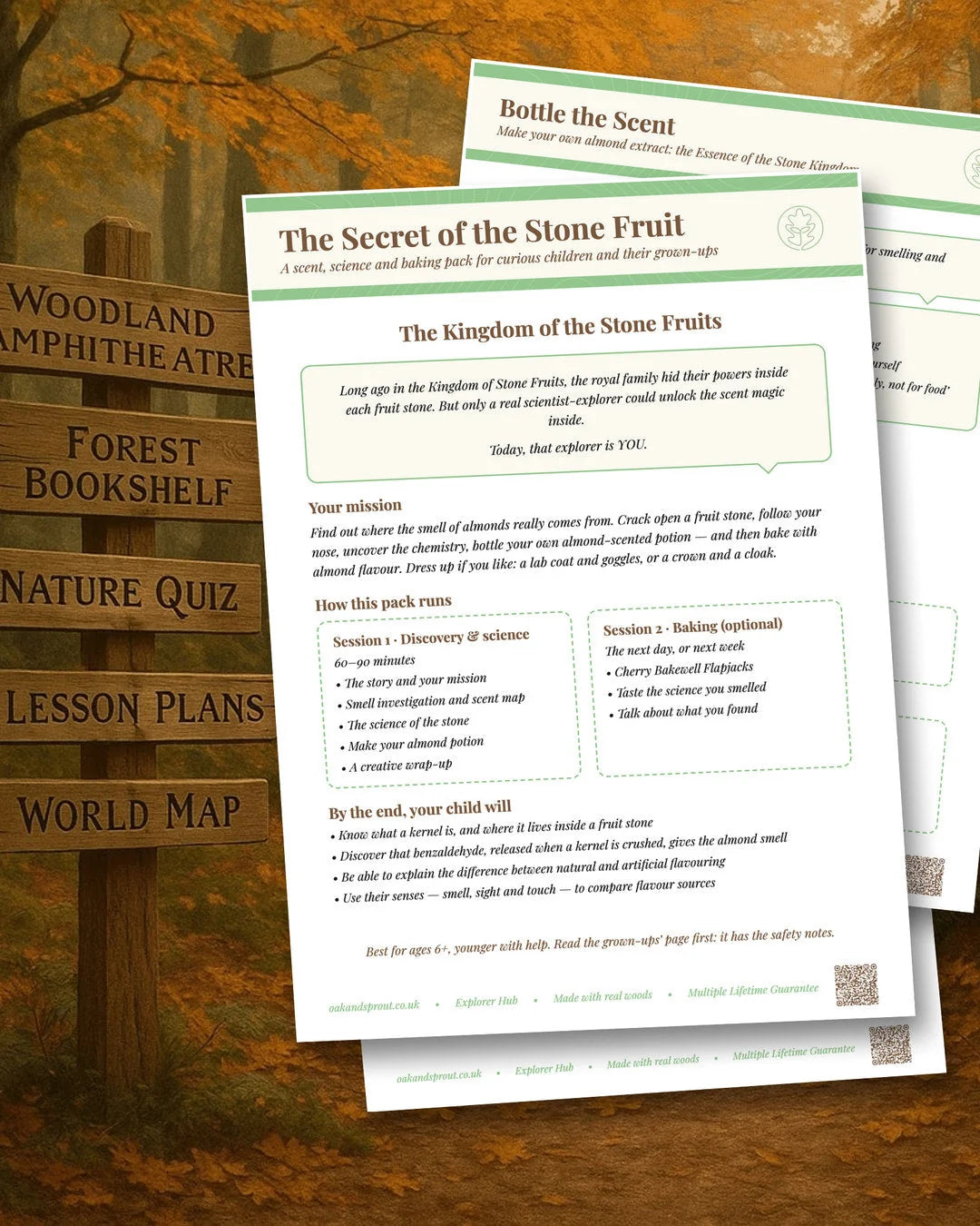 Secret of the Stone Fruit printed activity pack sheets showing story intro, mission brief, and Bottle the Scent worksheet