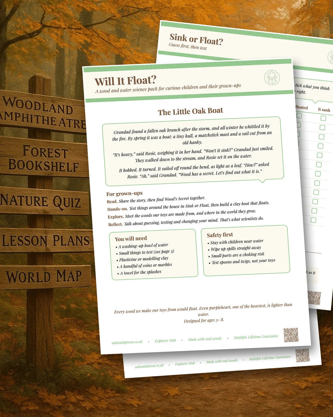 Will It Float? printed activity pack showing The Little Oak Boat story sheet and Sink or Float activity page on autumnal