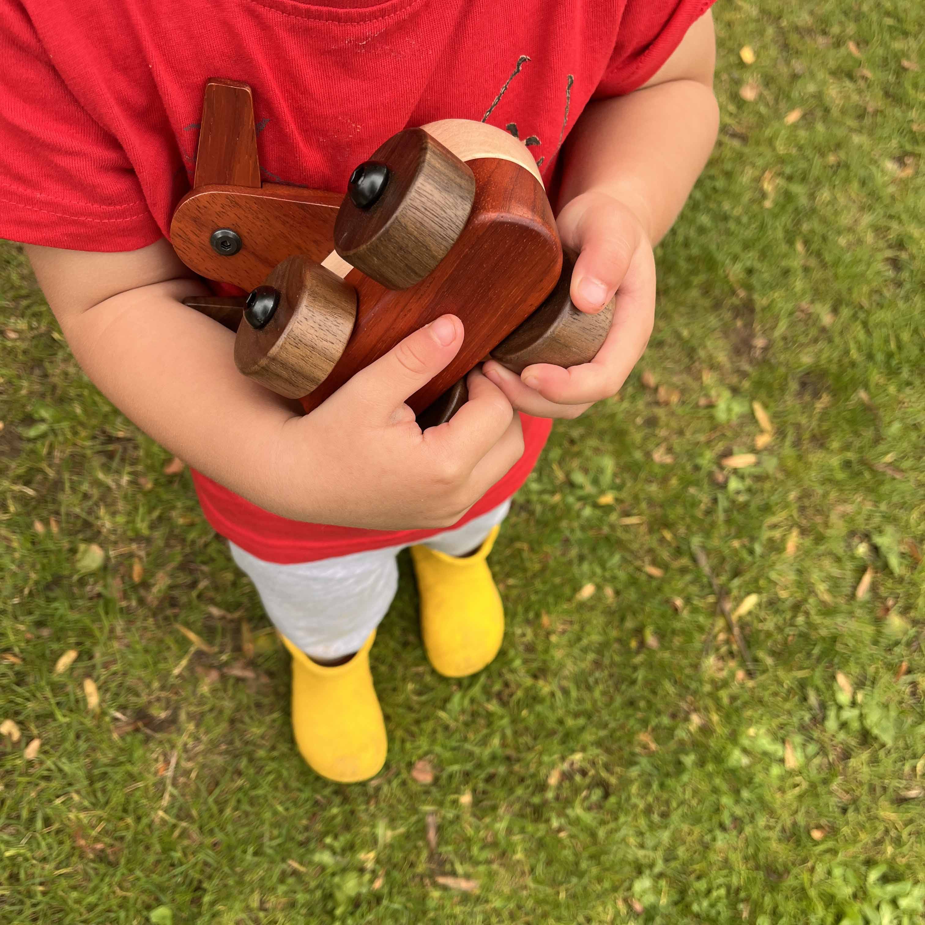 Child holding Walnut & Padauk Aeroplane outdoors on grass, showing coral-red Padauk body and dark Walnut wings in small hands