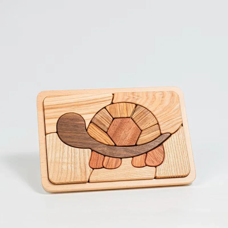 Wooden turtle puzzle on a light gray background