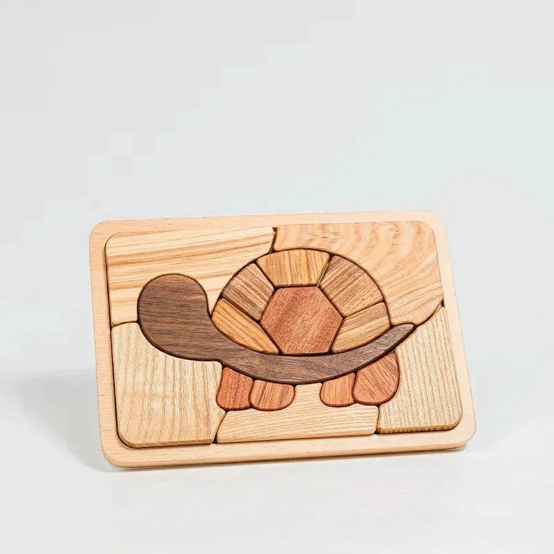 Shelly Slow turtle puzzle assembled upright, showing walnut head, tigerwood shell segments, and mahogany central panel