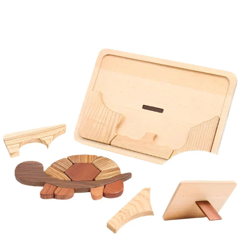 Mismatched listing image: wooden turtle puzzle with loose walnut, tigerwood, and padauk pieces beside a pale wood stand