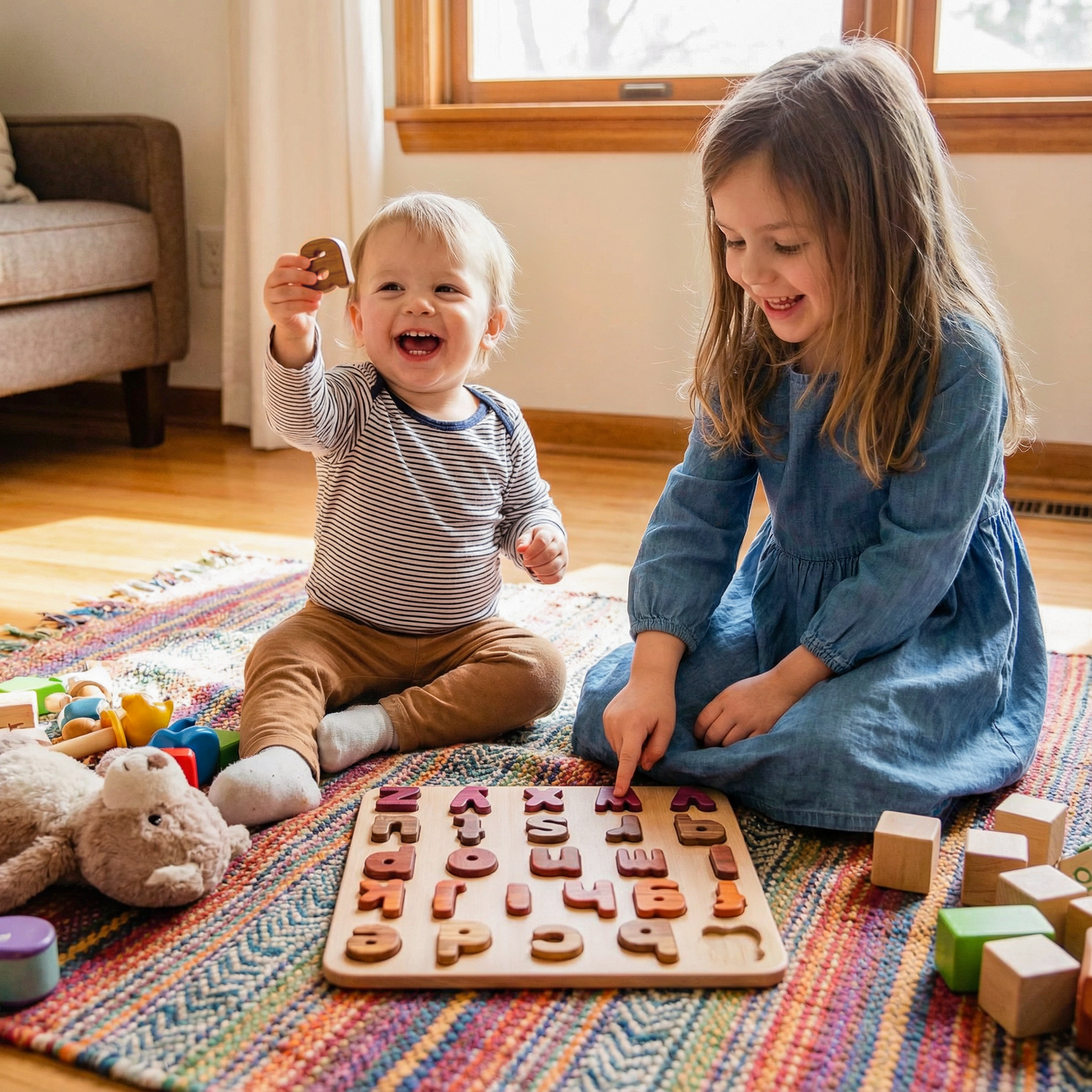 Children playing with Oak & Sprout alphabet puzzle board showing Padauk, Purpleheart, Tigerwood and Maple letter pieces on