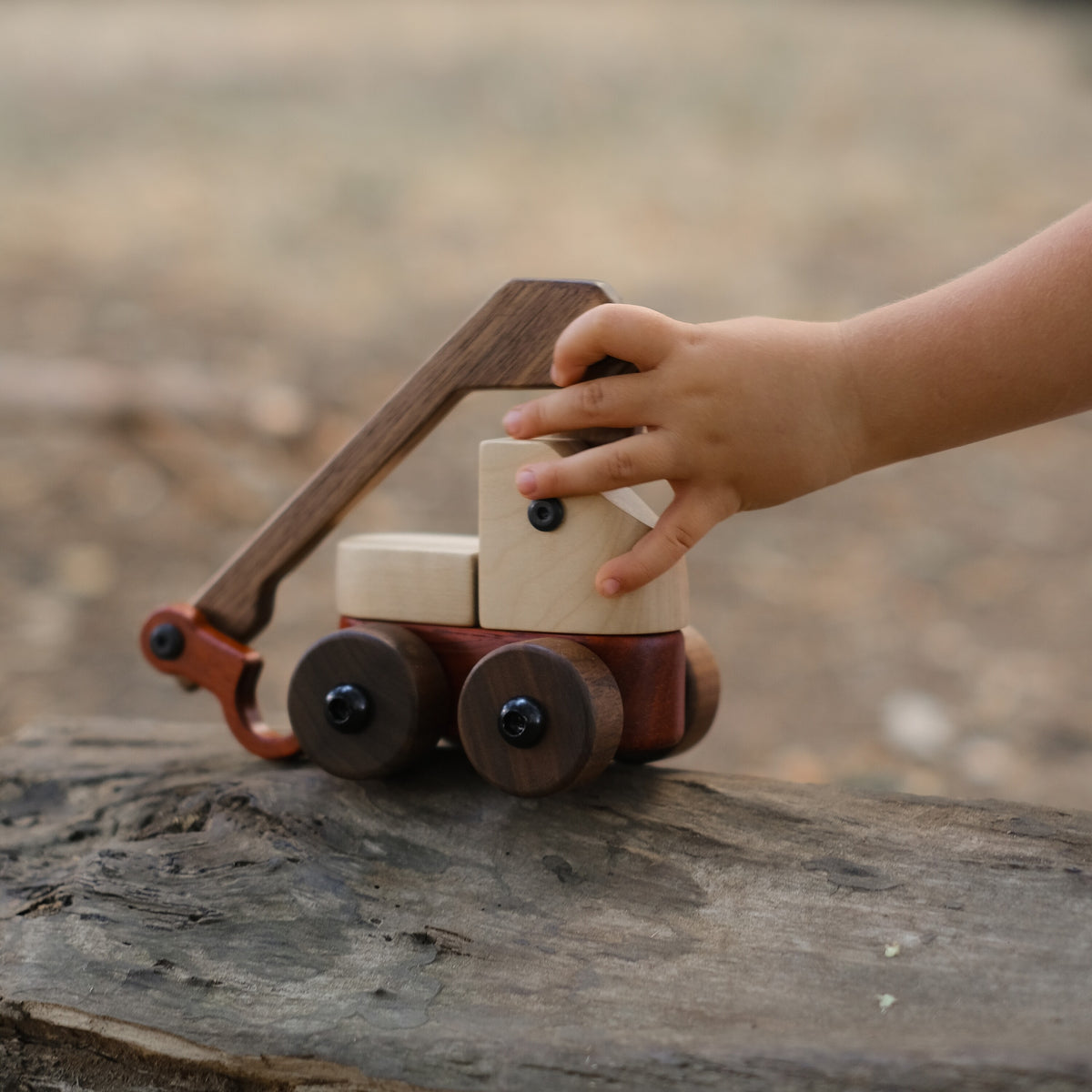 Child's hand on the Walnut & Maple Crane on a weathered log, walnut jib and padauk hook