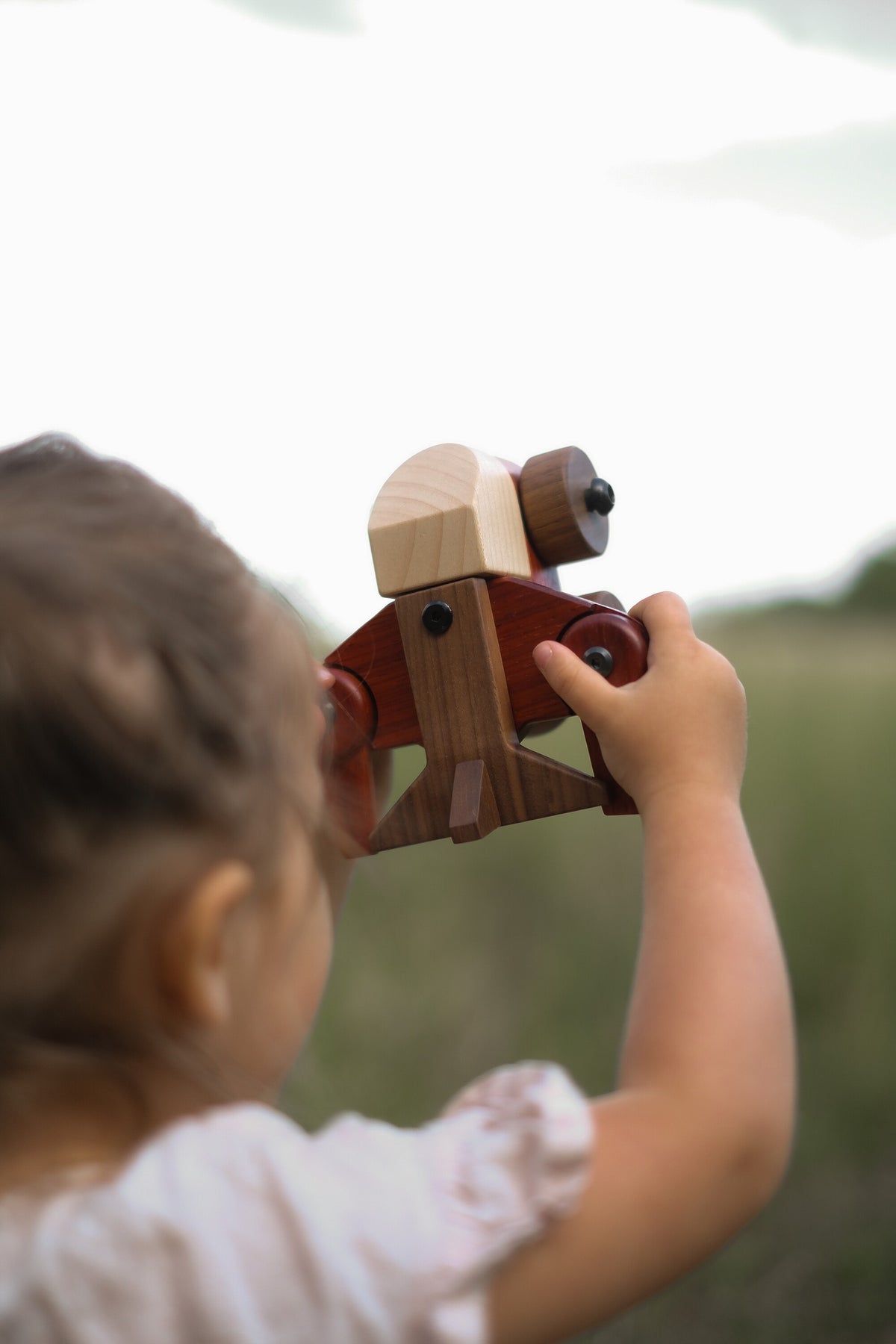 Toddler holding the Walnut & Padauk Aeroplane up to the sky in a grassy field
