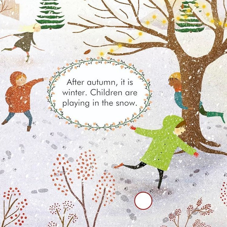 My First Story Orchestra Four Seasons book interior: winter scene, children playing in snow with bare trees and red-berried