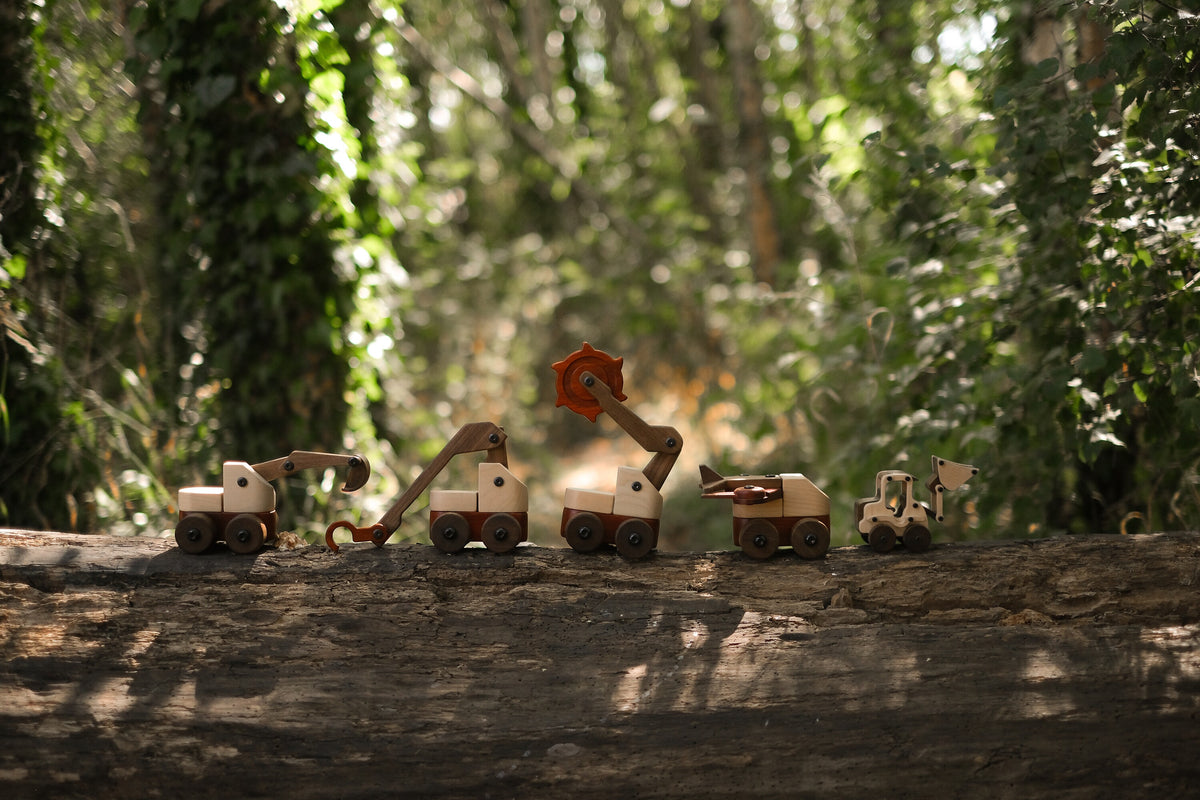 All five vehicles in the set lined up on a fallen log in the woods: excavator, crane, trench digger, aeroplane and Maple Digger