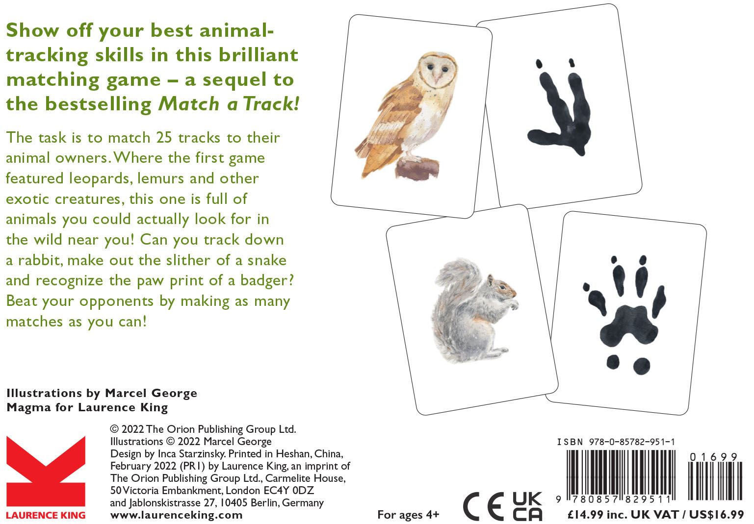 Back of Match a Track Near You card game box showing barn owl and grey squirrel watercolour cards with track prints