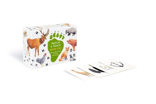 Match a Track Near You game box and two sample cards showing illustrated woodland animals on cream background