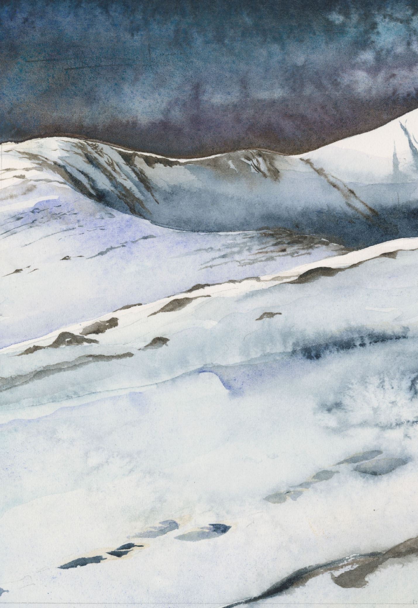 The Lost Spells interior artwork: Jackie Morris watercolour of snow-covered winter mountains under a stormy blue-purple sky