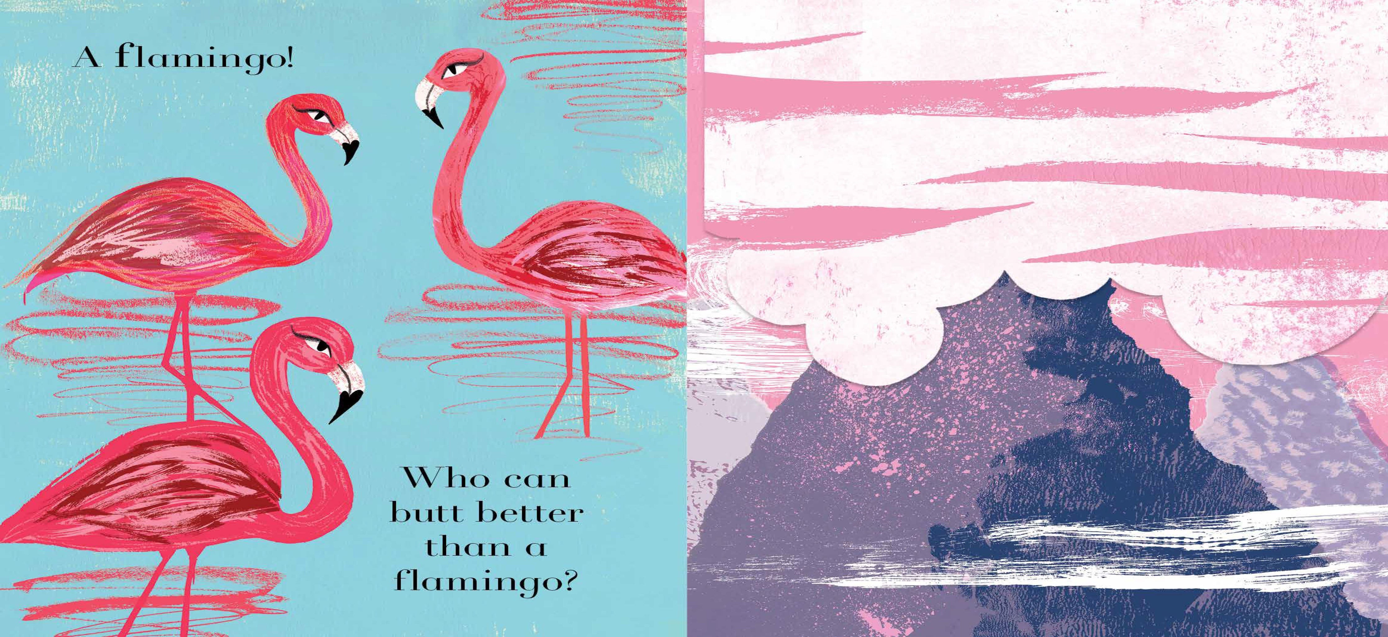 Animalphabet book interior spread showing flamingo illustration on teal background with playful guessing-game text