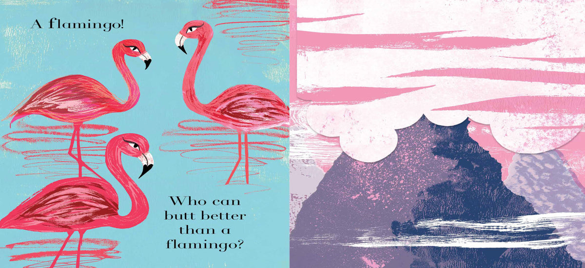 Animalphabet book interior spread showing flamingo illustration on teal background with playful guessing-game text