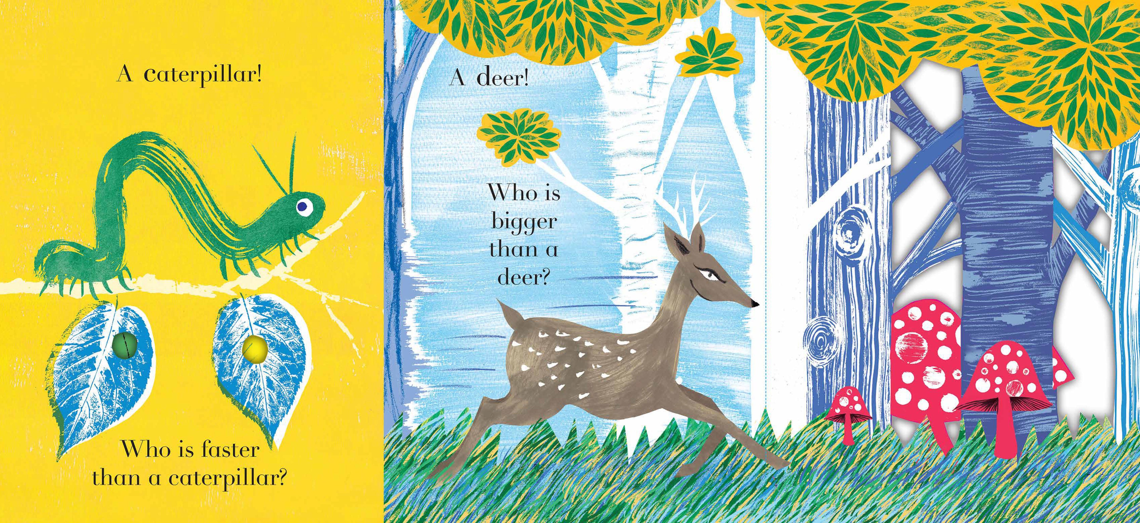 Animalphabet book interior spread showing caterpillar and deer illustrated pages with size comparison guessing-game text