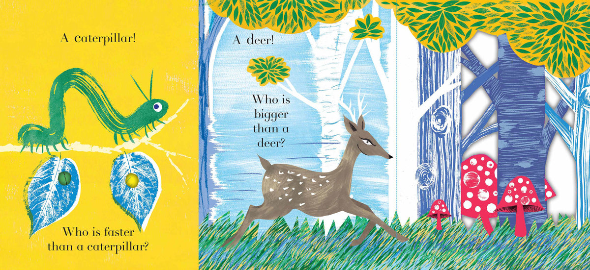 Animalphabet book interior spread showing caterpillar and deer illustrated pages with size comparison guessing-game text