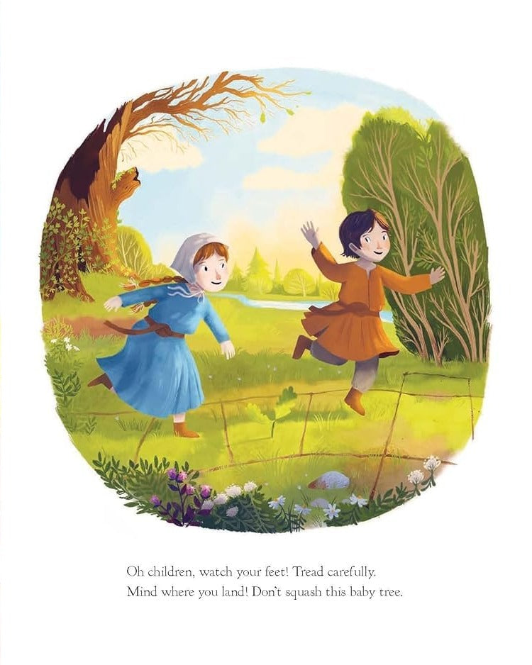 Interior illustration from The Oak Tree book: two children running outdoors near trees, with text about treading carefully