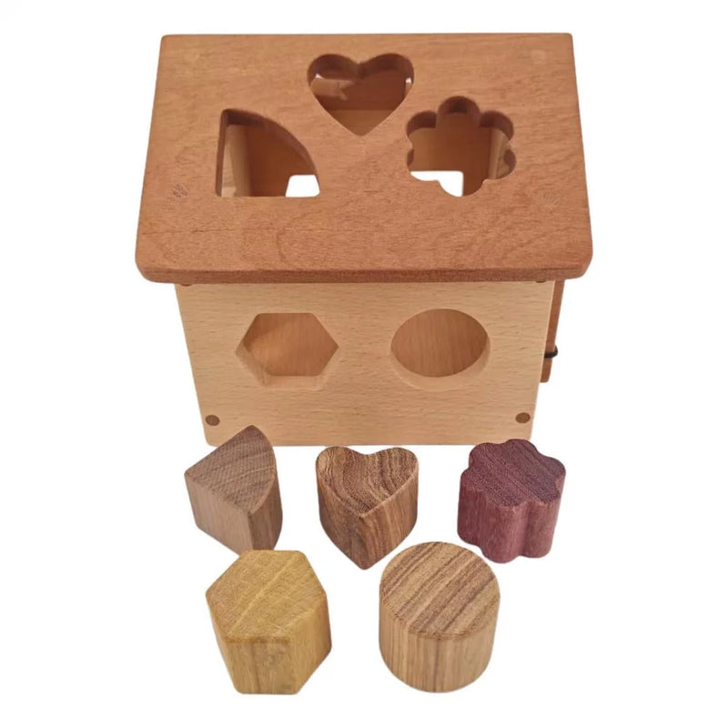 Shape Sorter House in beech and mahogany with five hardwood blocks including purpleheart flower and movingui hexagon arranged