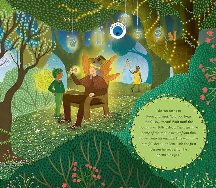 The Story Orchestra Midsummer Night's Dream interior spread: Oberon on throne speaks to Puck, with press-to-hear sound