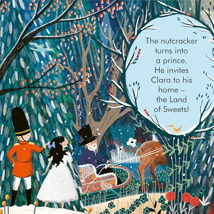 My First Story Orchestra Nutcracker book illustration: Clara and Nutcracker Prince in sleigh through snowy woodland