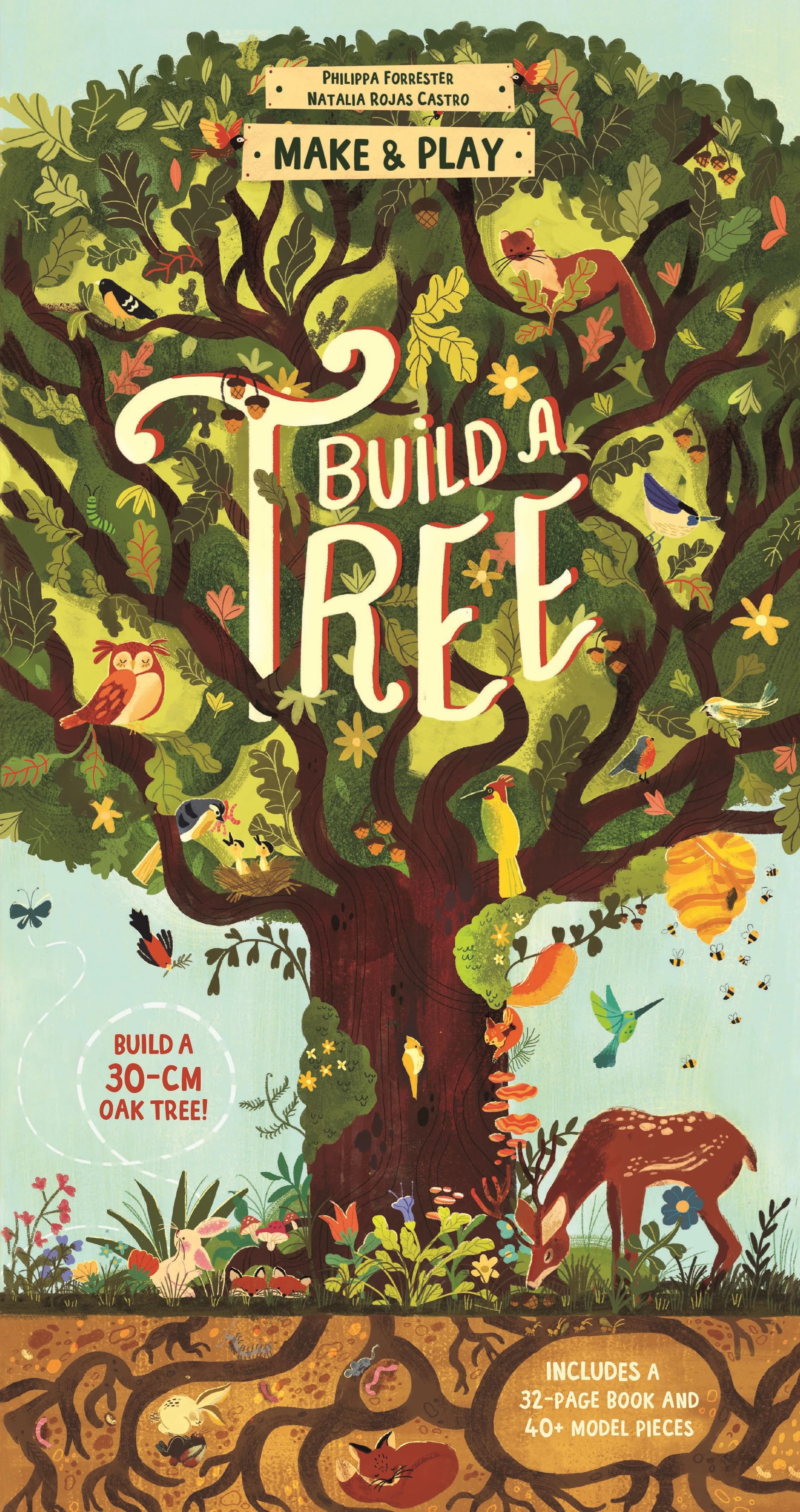 Build a Tree Make & Play kit packaging illustration showing oak tree ecosystem with woodland animals and underground roots