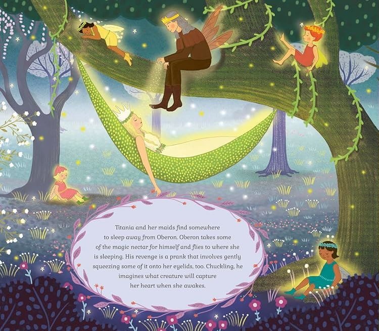 Interior illustration from The Story Orchestra: A Midsummer Night's Dream showing Titania sleeping while Oberon watches from