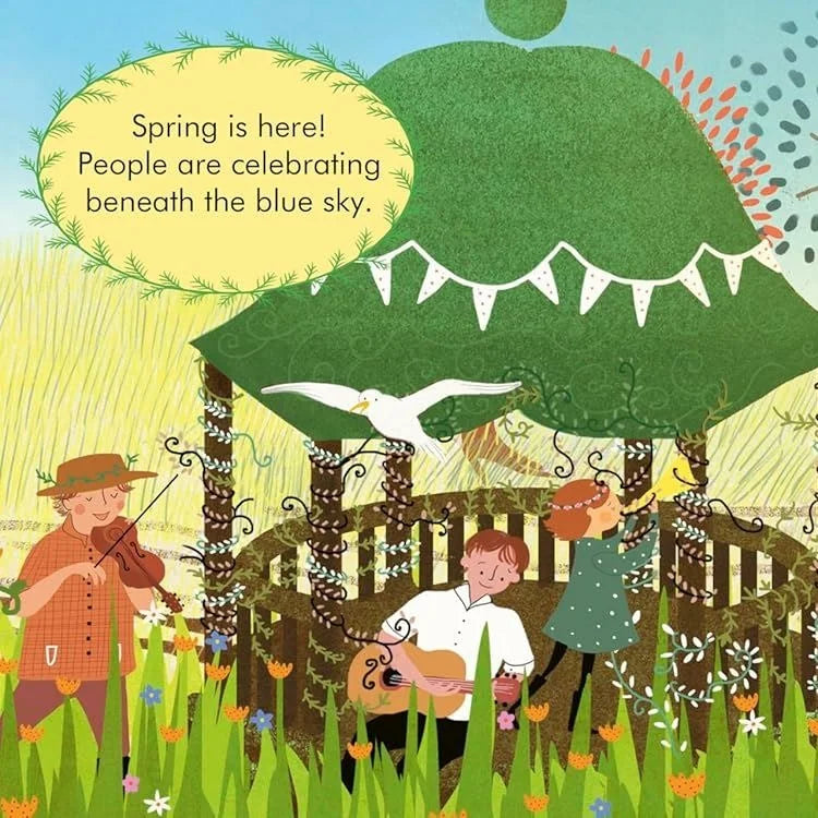 My First Story Orchestra Four Seasons: illustrated book spread showing spring celebration with figures playing violin and