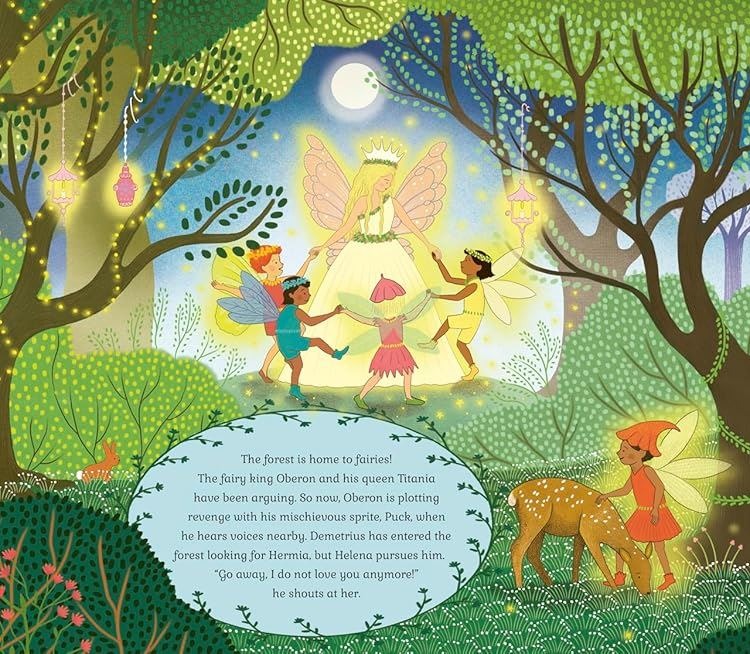 Story Orchestra Midsummer Night's Dream interior spread: fairies dancing around Titania beneath moonlit lantern-lit forest.