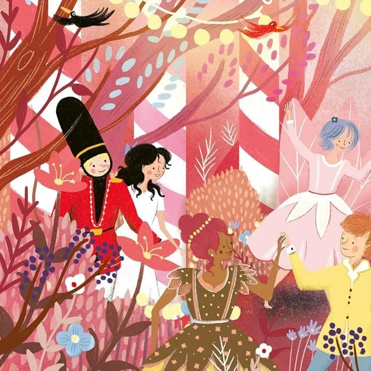 Interior illustration from My First Story Orchestra The Nutcracker showing Clara, Nutcracker soldier, and characters in a