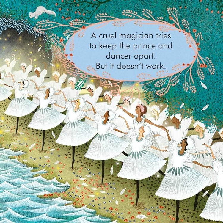 My First Story Orchestra Swan Lake book interior spread showing ballerinas in white tutus dancing in an enchanted forest