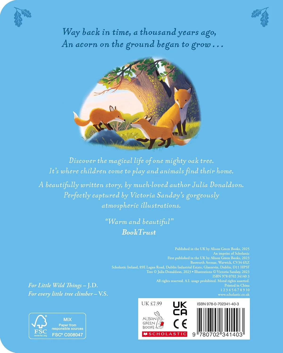 Back cover of The Oak Tree board book by Julia Donaldson, showing blurb, fox illustration, and publisher details