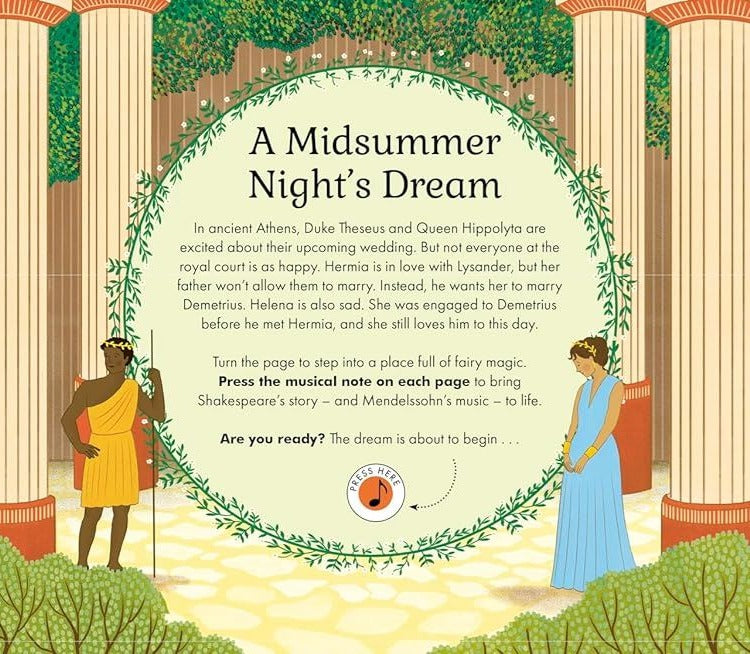 The Story Orchestra: A Midsummer Night's Dream interior spread showing illustrated Greek characters and opening story text