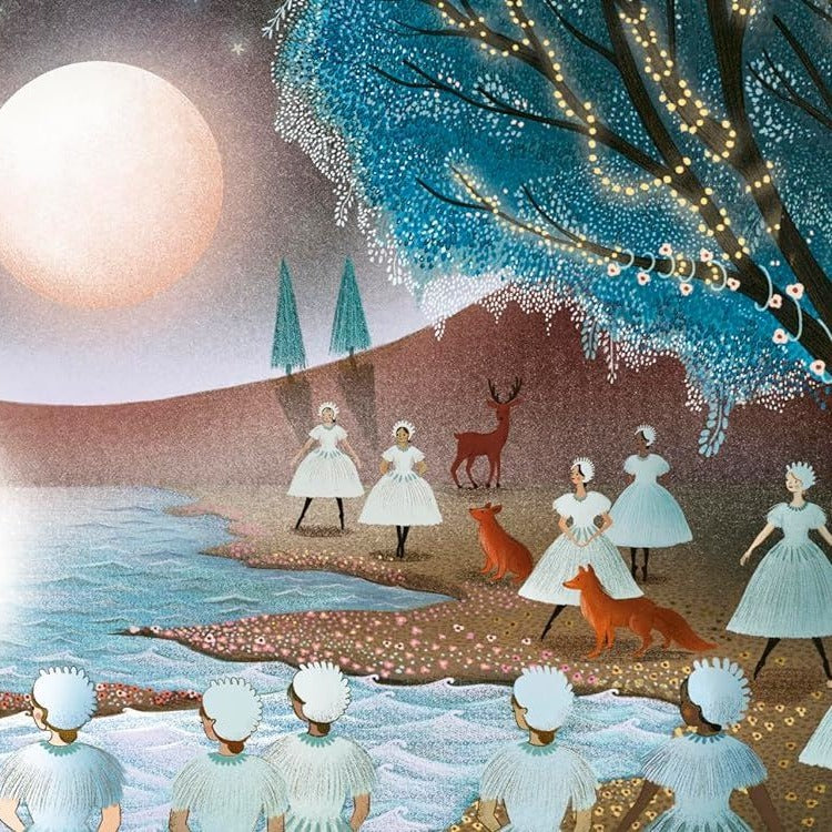 My First Story Orchestra Swan Lake book illustration: moonlit woodland with swan maidens, foxes, stag, and glowing blue tree