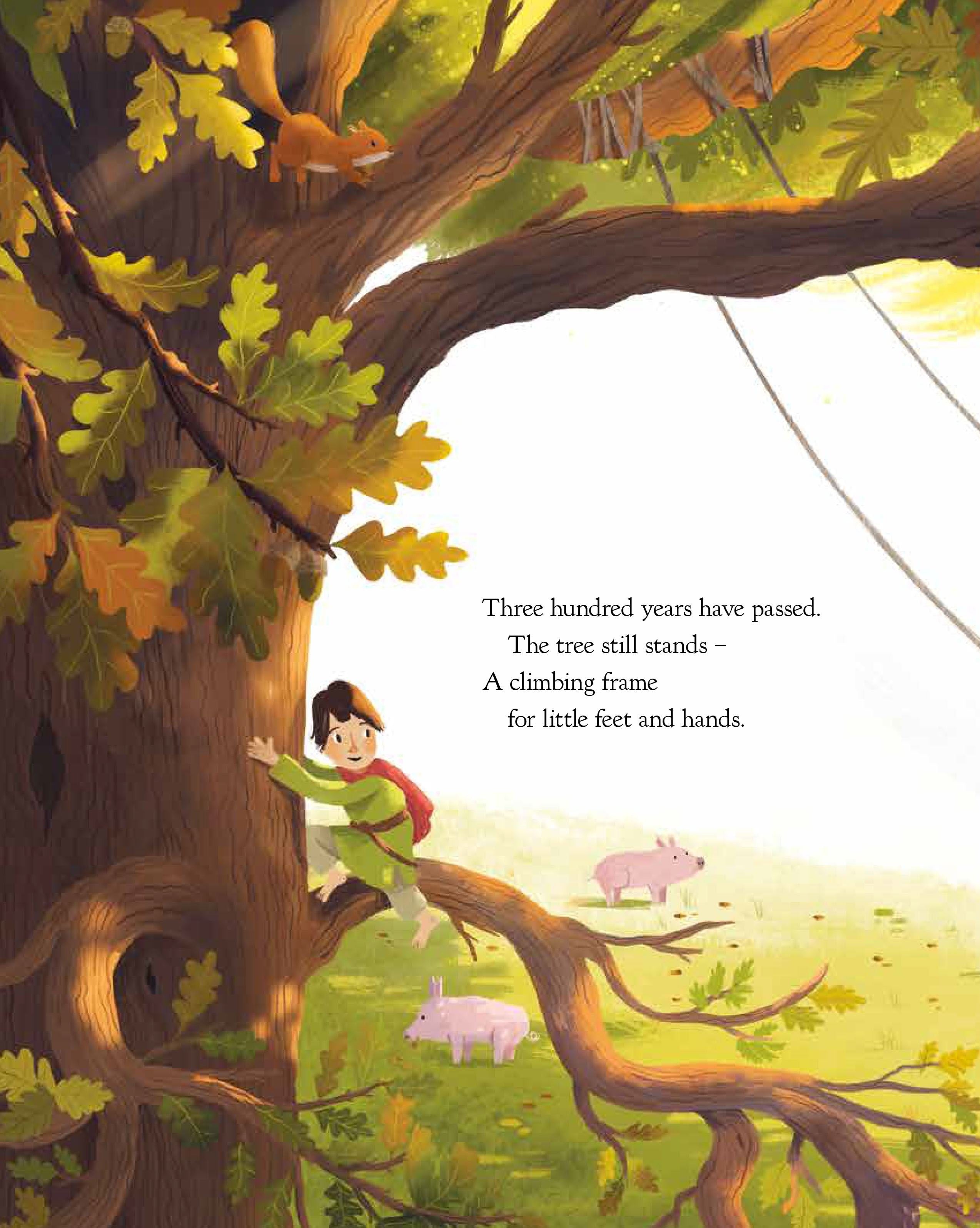 The Oak Tree book interior spread: child climbing ancient oak, squirrel in canopy, pigs grazing below