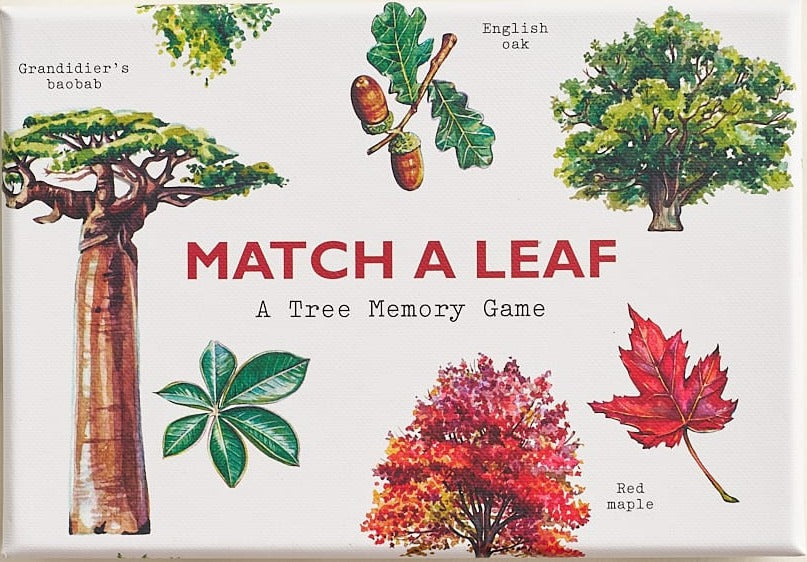 Match a Leaf Tree Memory Game box cover featuring botanical watercolour illustrations of baobab, oak, and maple trees.