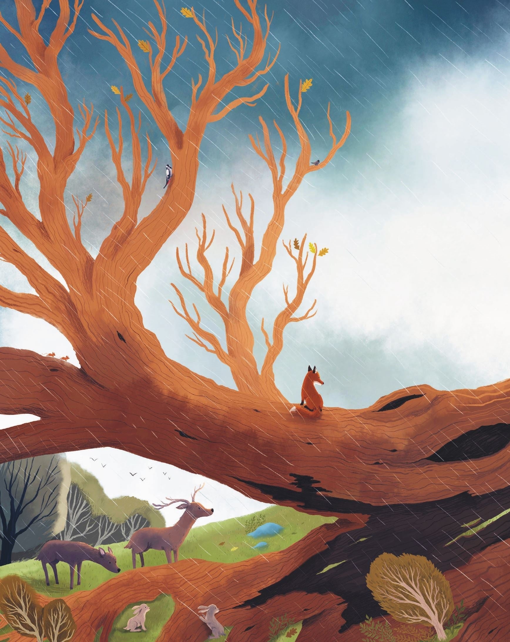 The Oak Tree book interior illustration: rain-swept ancient oak with fox, deer, boar, rabbits, and birds amid falling autumn