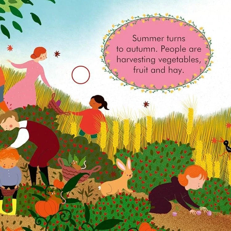 My First Story Orchestra Four Seasons book spread showing harvest illustration of people gathering vegetables, fruit and hay