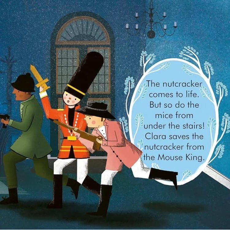 My First Story Orchestra Nutcracker illustrated spread: Clara saves the Nutcracker from the Mouse King, midnight-blue battle