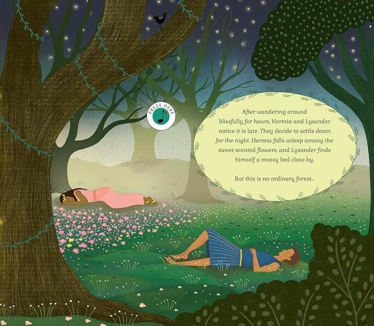 A Midsummer Night's Dream Story Orchestra interior spread: Hermia and Lysander sleeping in enchanted forest with press-here