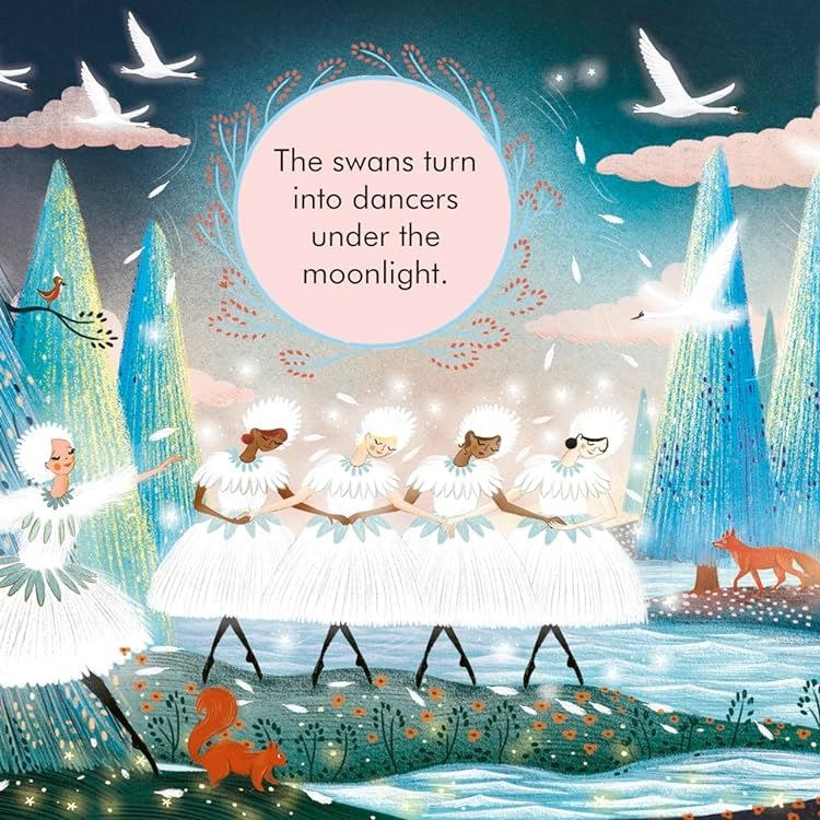 My First Story Orchestra Swan Lake interior illustration: four ballerinas in white tutus dancing under moonlight with swans,