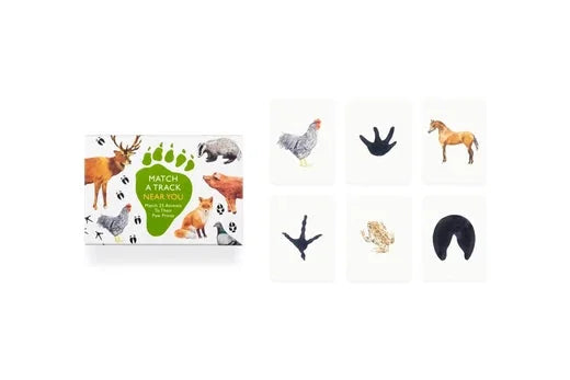 Match a Track Near You Game box and six sample cards showing chicken, horse, and frog paired with their silhouette tracks