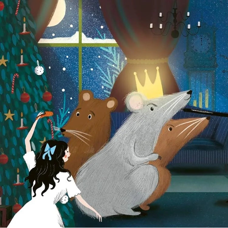 My First Story Orchestra Nutcracker illustration: Clara faces the Mouse King beside a Christmas tree in a moonlit snowy scene