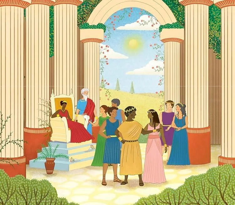 Interior illustration from A Midsummer Night's Dream Story Orchestra: classical hall with robed figures before a throne