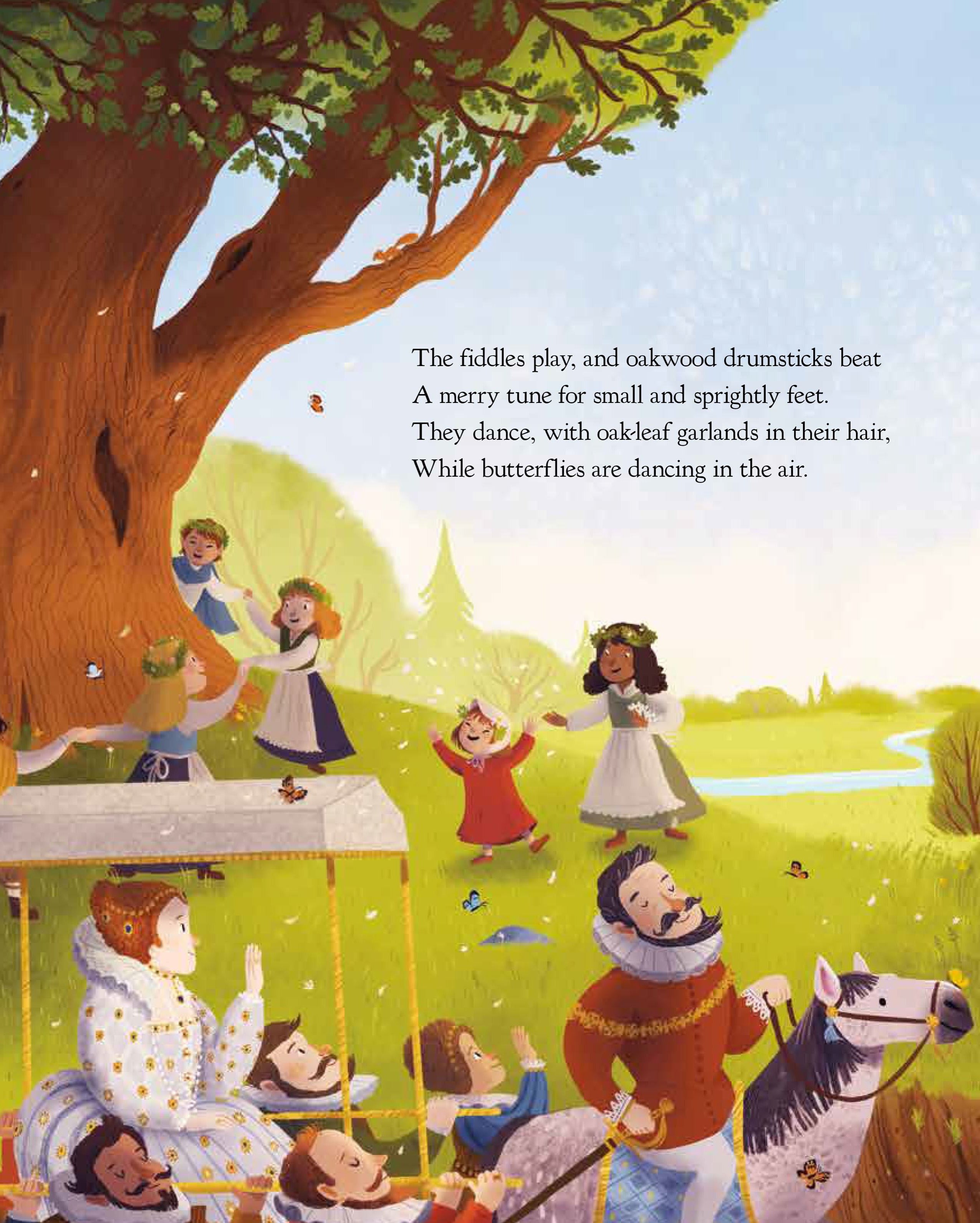 The Oak Tree book interior spread showing children dancing with oak-leaf garlands and Tudor royals beneath an ancient oak
