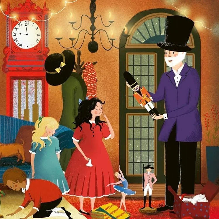 My First Story Orchestra Nutcracker book illustration: Clara in red dress receiving nutcracker from gentleman in purple coat