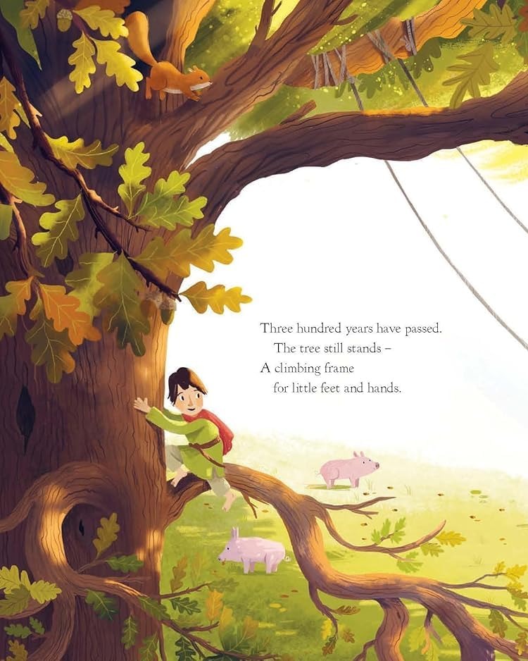 The Oak Tree board book interior: child climbing oak branches with squirrel, pigs and rabbit, verse about 300 years