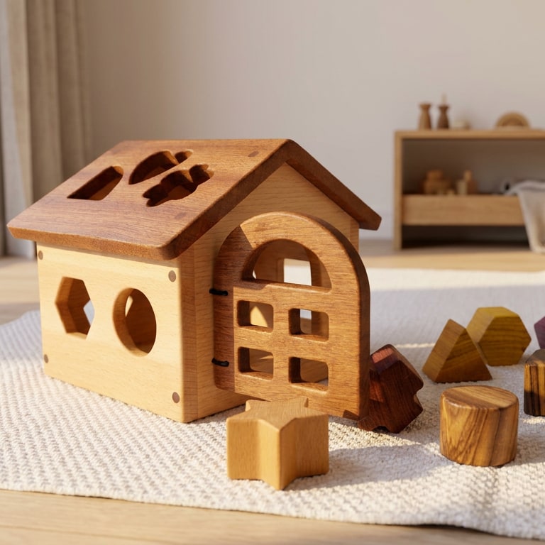 Shape Sorter House in beech and mahogany, door open on black hinges, hexagon and circle wall holes, blocks on a knit rug