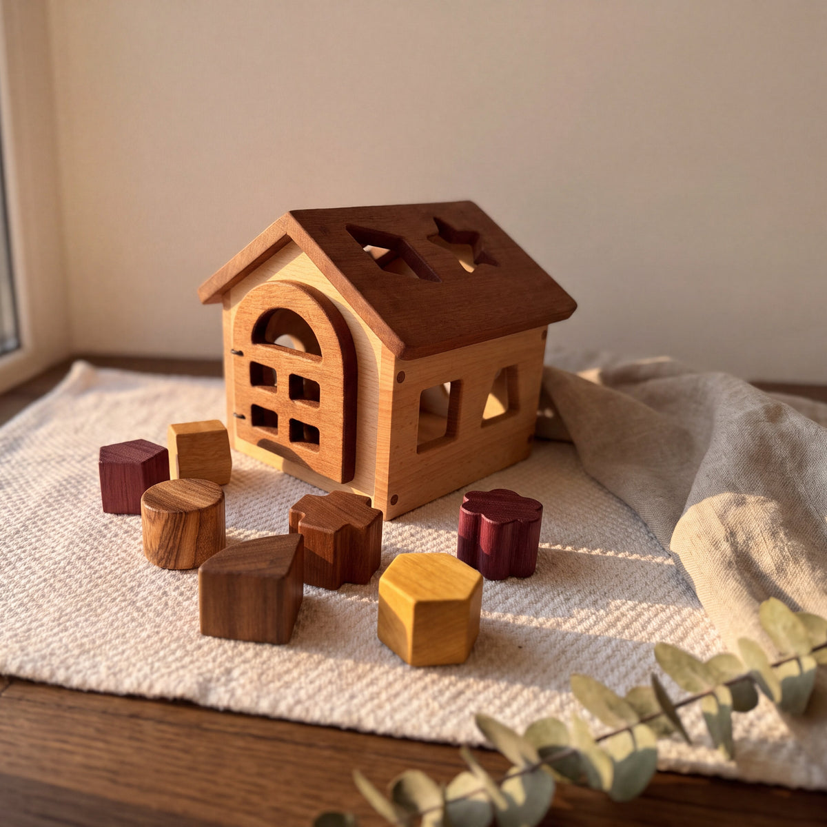 Shape Sorter House in beech and mahogany by a window, roof star and cross cutouts, arched wall holes, blocks on a mat