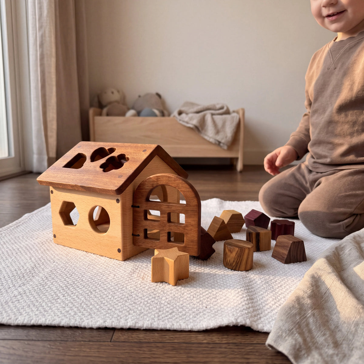 Shape Sorter House beech mahogany with purpleheart walnut blocks scattered on playmat beside smiling toddler
