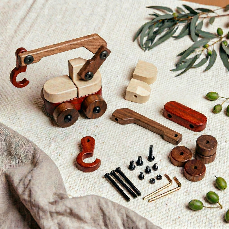 Wooden toy crane with components on an oak and sprout playmat with greenery